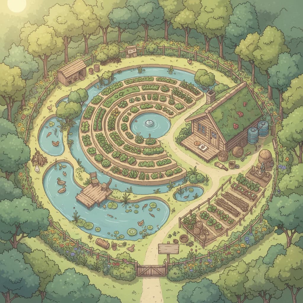 A complete permaculture system viewed from above, every element clearly