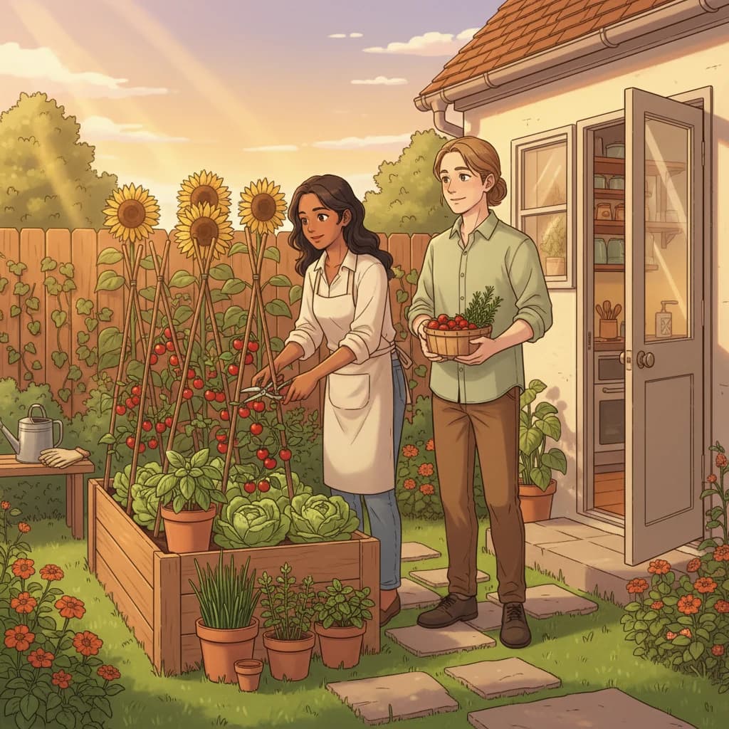 A back-door zone-1 garden: herbs, tomatoes, and marigolds at arm's reach from the kitchen, with a watering can and gloves on a bench ready to use