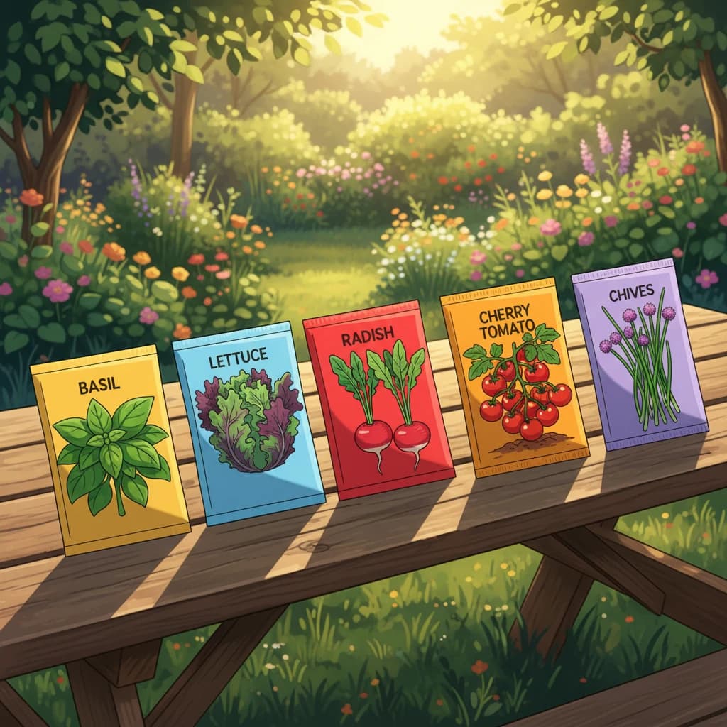 Seed packets for beginner-friendly plants — basil, lettuce, radish, tomato