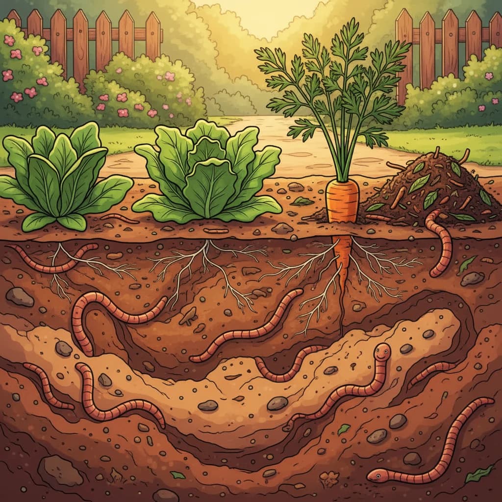Illustration en coupe de vers et de racines qui travaillent à travers les couches du sol