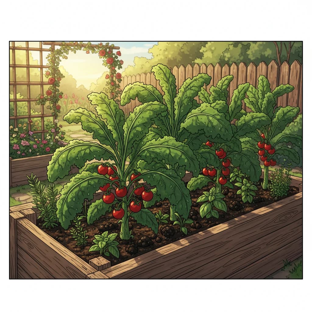 Une plate-bande en santé avec des plantes florissantes et un sol riche et foncé visible