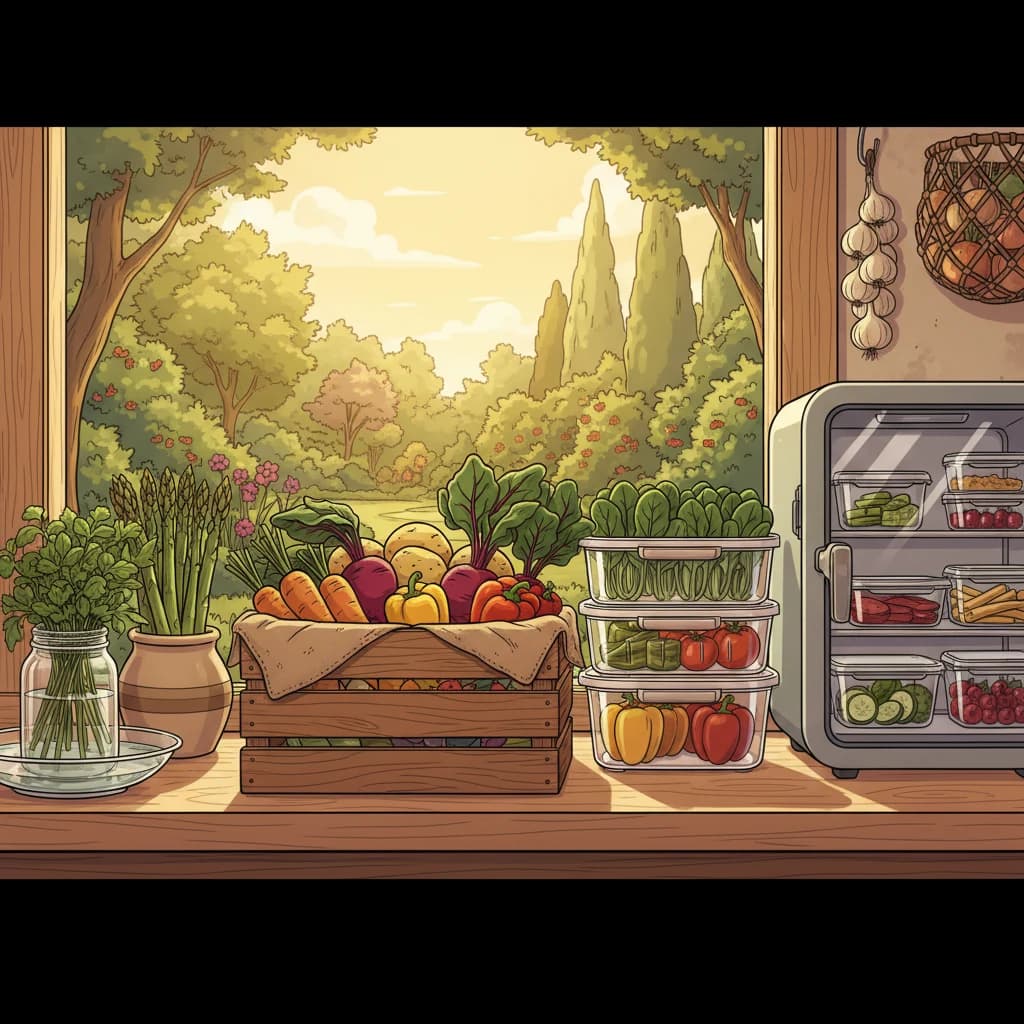 A pantry scene with preserved vegetables, dried herbs, and fresh produce stored properly
