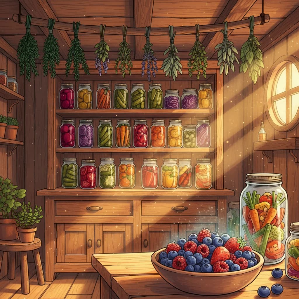Preservation methods displayed — dried herbs hanging, frozen vegetables, and pickled produce