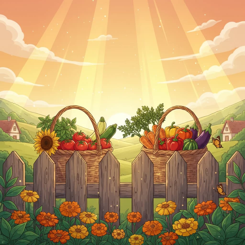A neighbor exchange: baskets of produce being shared over a garden fence