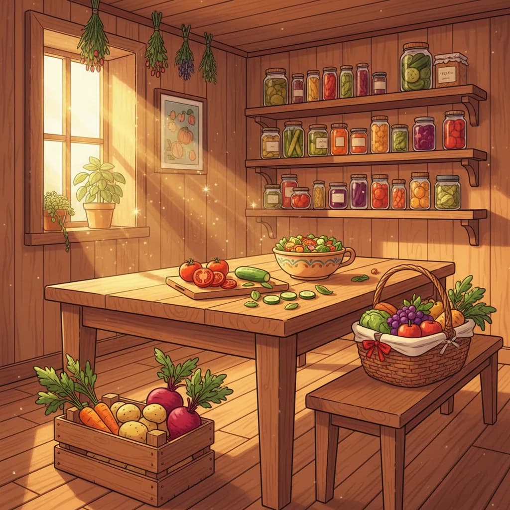 A complete post-harvest scene — fresh eating, storage, preservation, and sharing