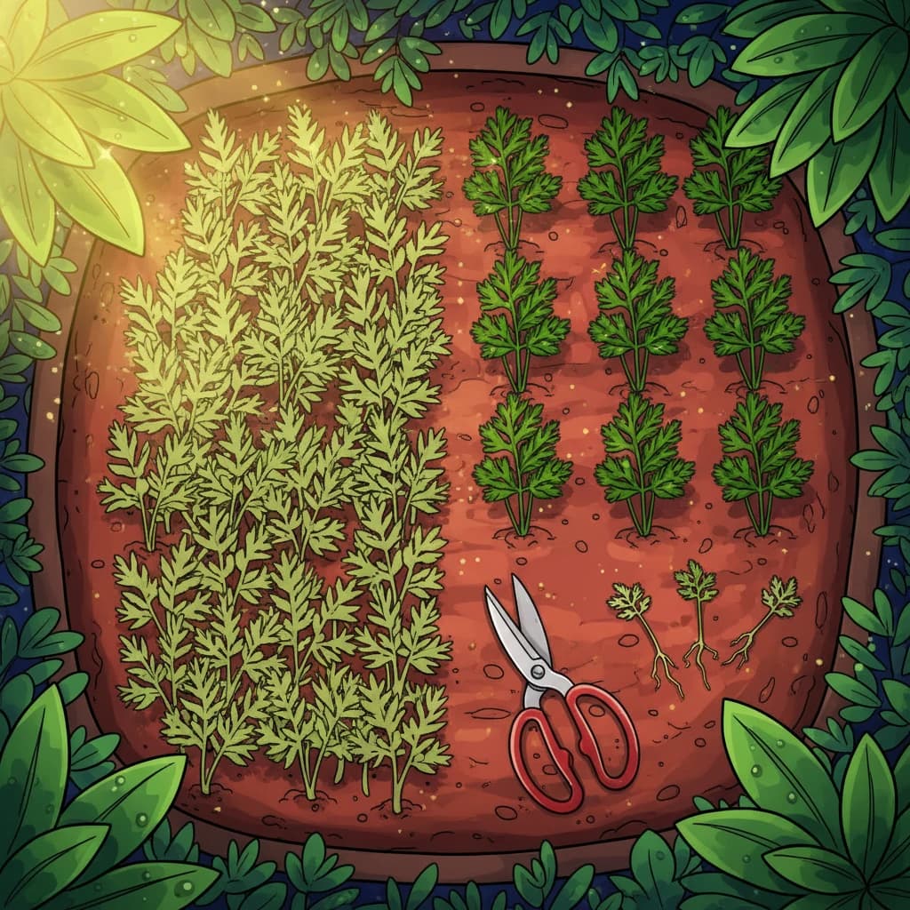 A row of carrot seedlings with one half crowded and unthinned, the other half thinned to proper spacing