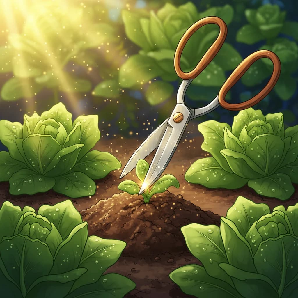 Close-up of small scissors poised mid-snip at soil level, removing a weaker lettuce seedling