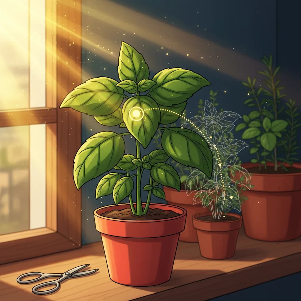 A basil plant with a glowing marker showing exactly where to pinch the top growth tip