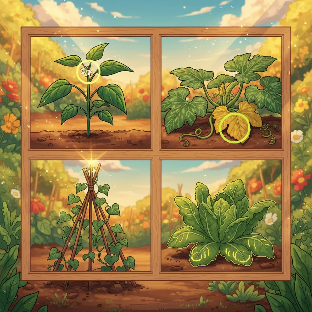 A mixed garden showing healthy structure on peppers, squash, pole beans, and leafy greens