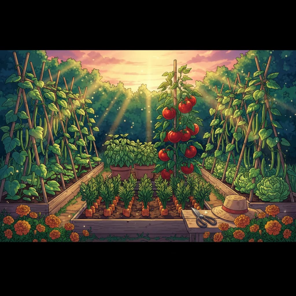 A thriving, well-pruned garden with healthy tomato plants, bushy herbs, and abundant produce