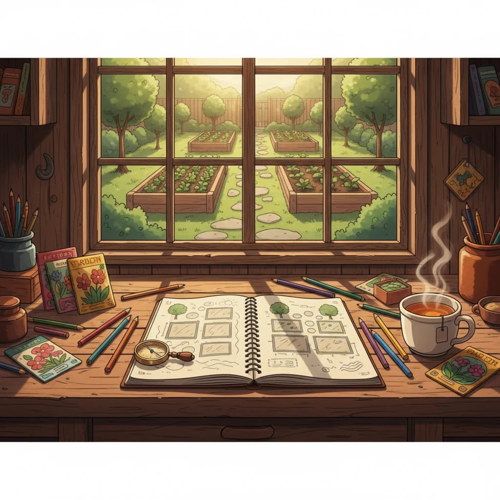 A hand-drawn garden site map on graph paper showing sun, shade, wind, and water patterns