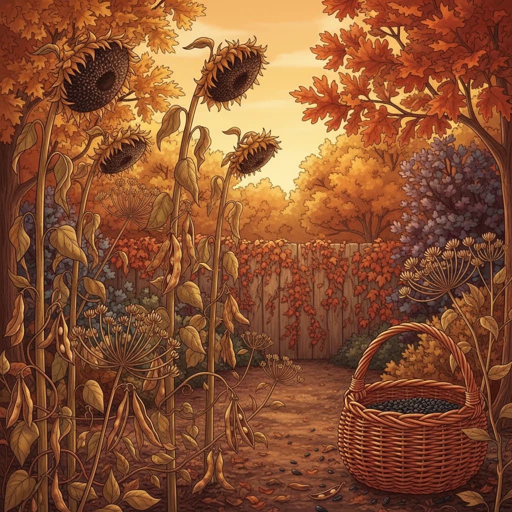 A gardener collecting seeds from mature plants with dried seed heads in a basket