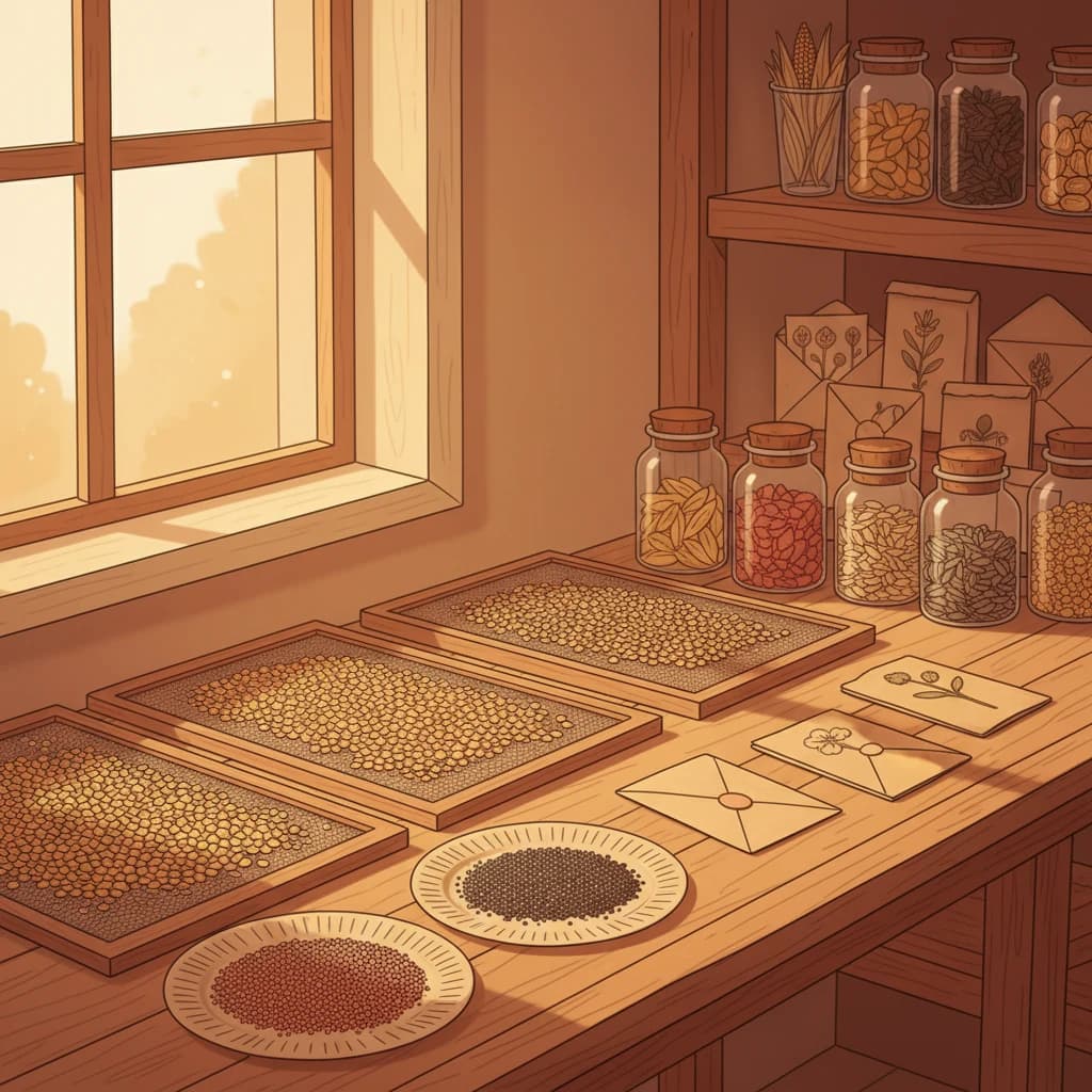 Seeds being dried on screens and stored in labeled paper envelopes and glass jars
