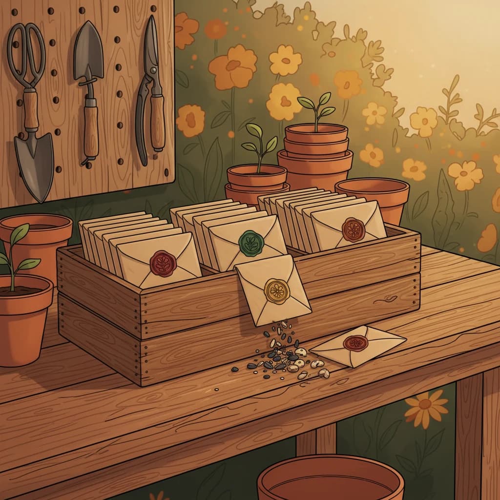 A collection of labeled seed envelopes organized in a wooden box: a personal seed library