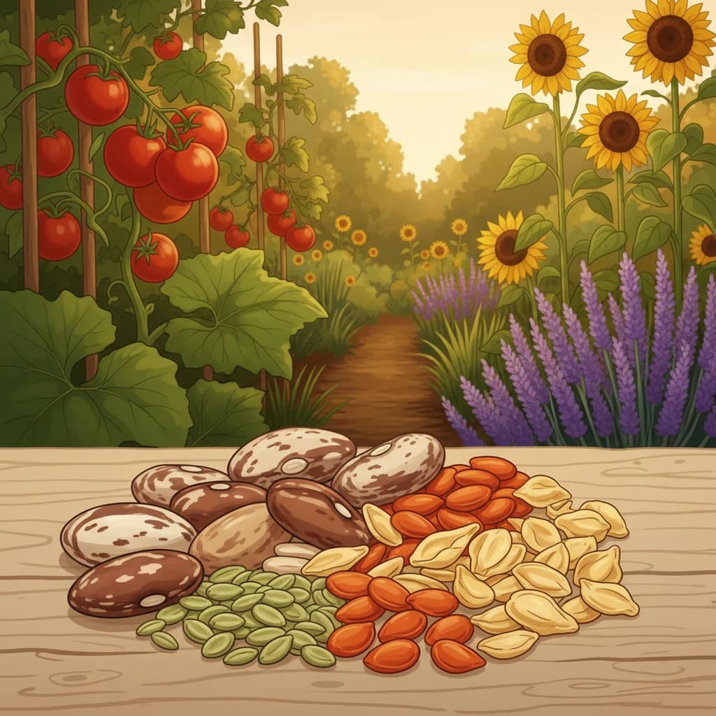 Seeds in a grower's hand with a thriving garden in the background — the full circle