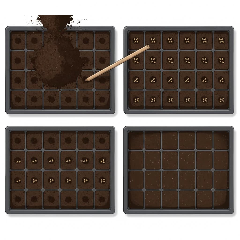 Step-by-step seed planting: filling trays, making holes, dropping seeds, covering with mix