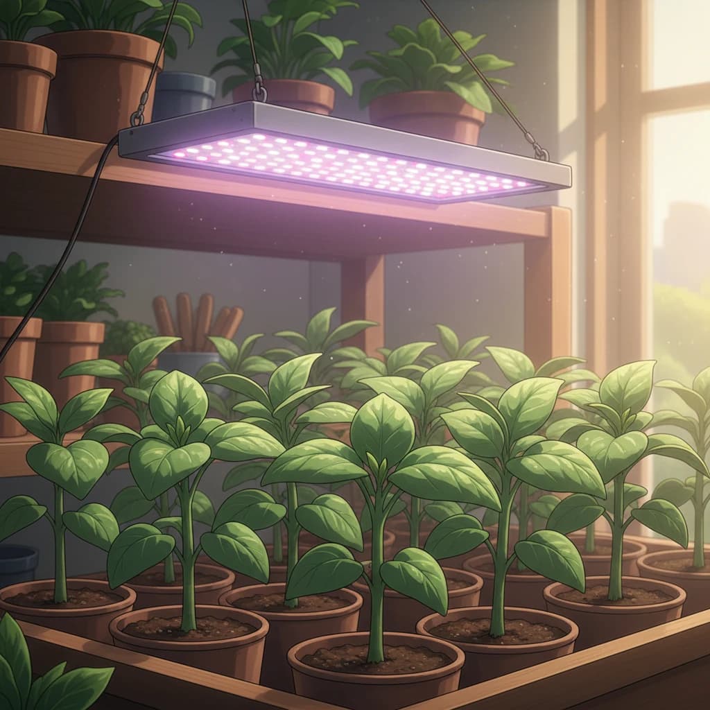 Healthy seedlings under a grow light showing strong stems and true leaves developing