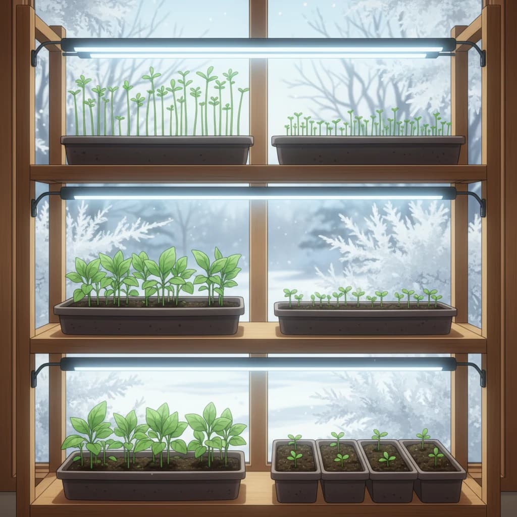A timeline chart showing when to start different seeds indoors relative to last frost date