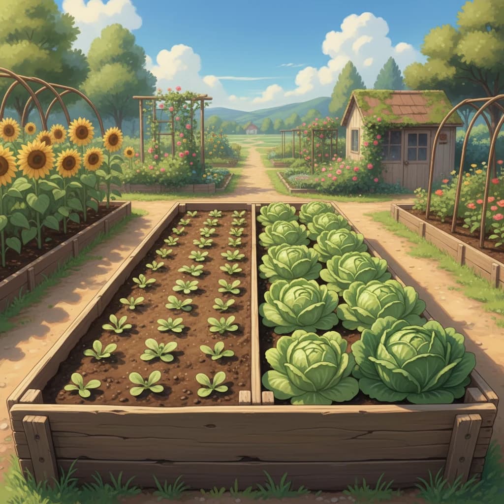 Multiple rows of lettuce at different growth stages showing continuous harvest throughout a season