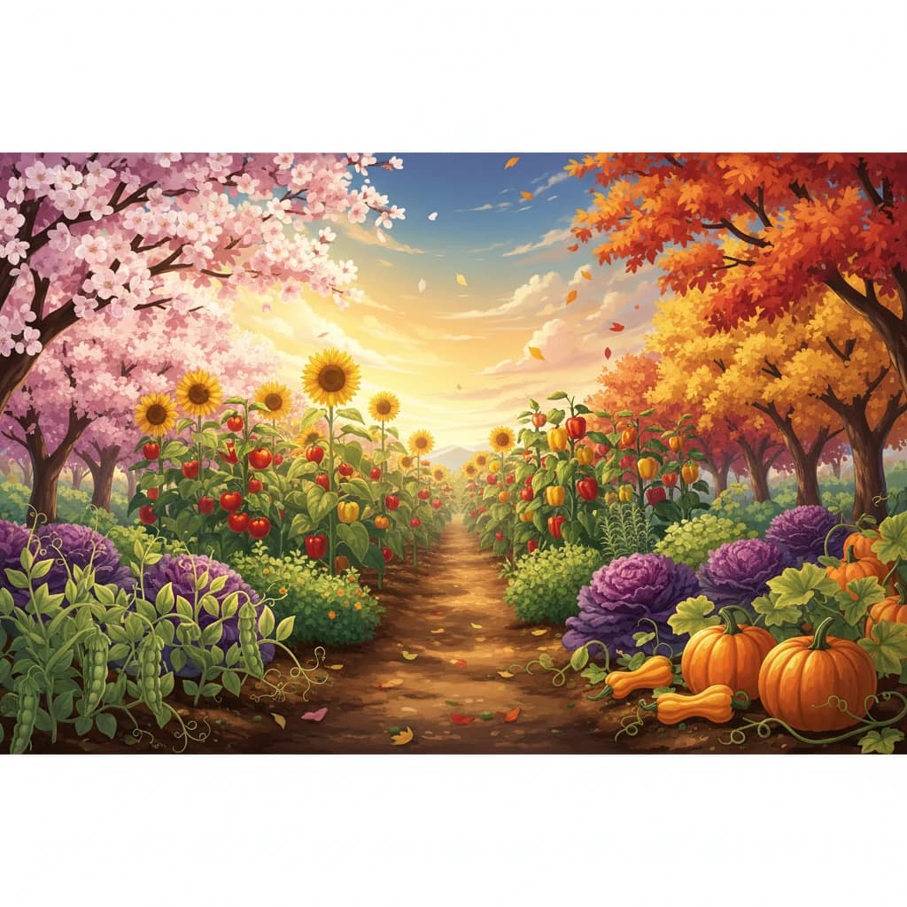 A garden flowing through the seasons — spring peas, summer tomatoes and sunflowers, fall kale and pumpkins