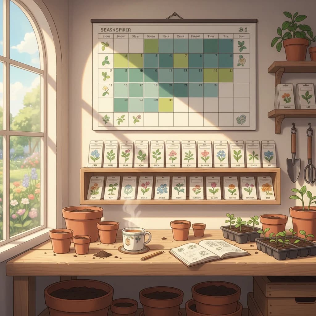 A garden planning calendar with color-coded planting and harvest dates throughout the season