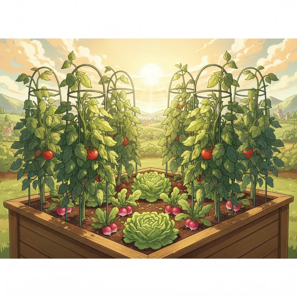 A garden bed showing interplanting — fast crops growing between slow crops