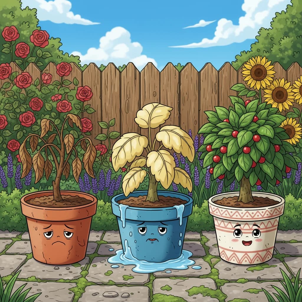 Visual comparison of overwatered vs underwatered vs healthy plants
