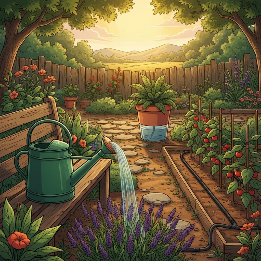 Different watering methods: watering can, drip system, and soaker hose