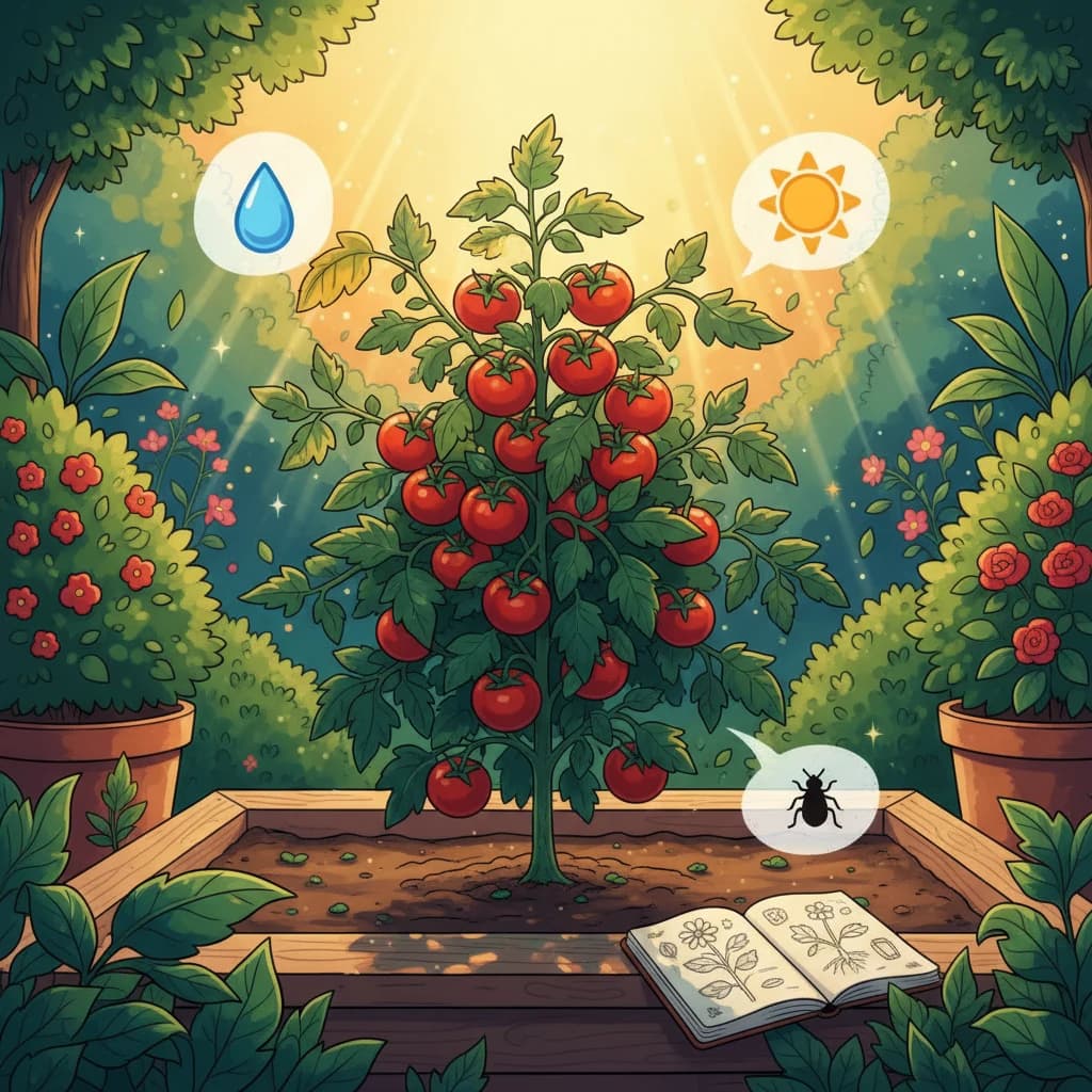 A single plant with floating symbolic bubbles (a water drop, a sun, and a tiny bug icon), showing how plants signal problems