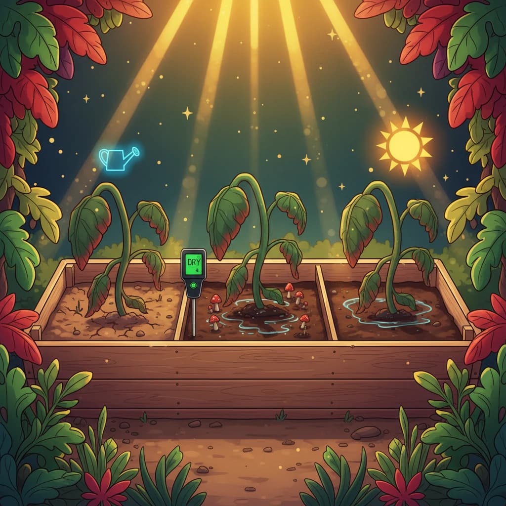 Three plants in the same bed showing different causes of wilting — dry soil, waterlogged soil, and heat stress — with a soil moisture probe between them