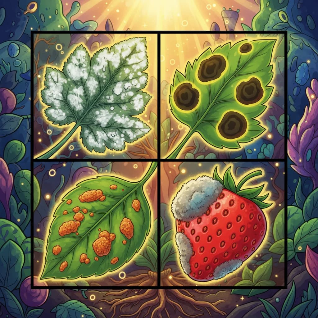 A comparison showing powdery mildew, early blight spots, and rust on different plant leaves