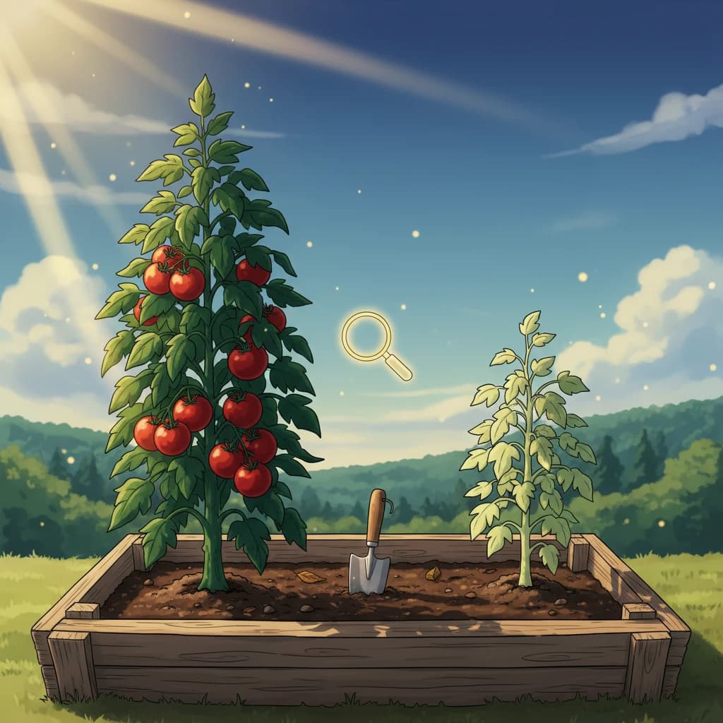 A stunted pale plant next to a thriving lush one in the same conditions, with a magnifying-glass icon hovering between them