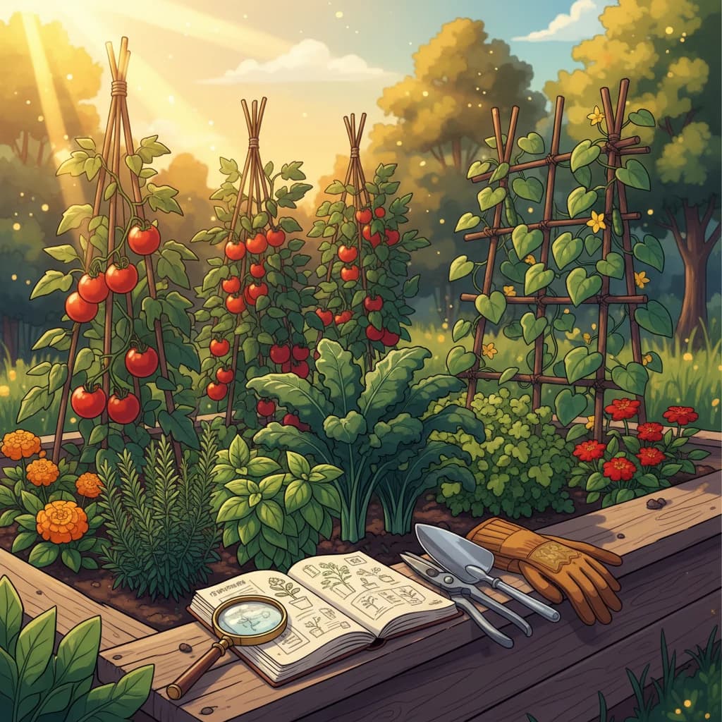 A thriving garden at golden hour with diagnostic tools (a journal, magnifying glass, pruners, and trowel), resting on the bed edge