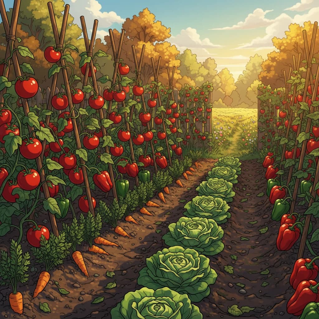 Vegetable garden with tomatoes, lettuce, carrots, and peppers