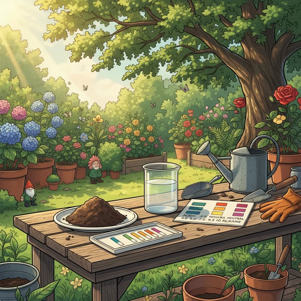 A simple soil pH test showing acidic, neutral, and alkaline readings in a garden setting