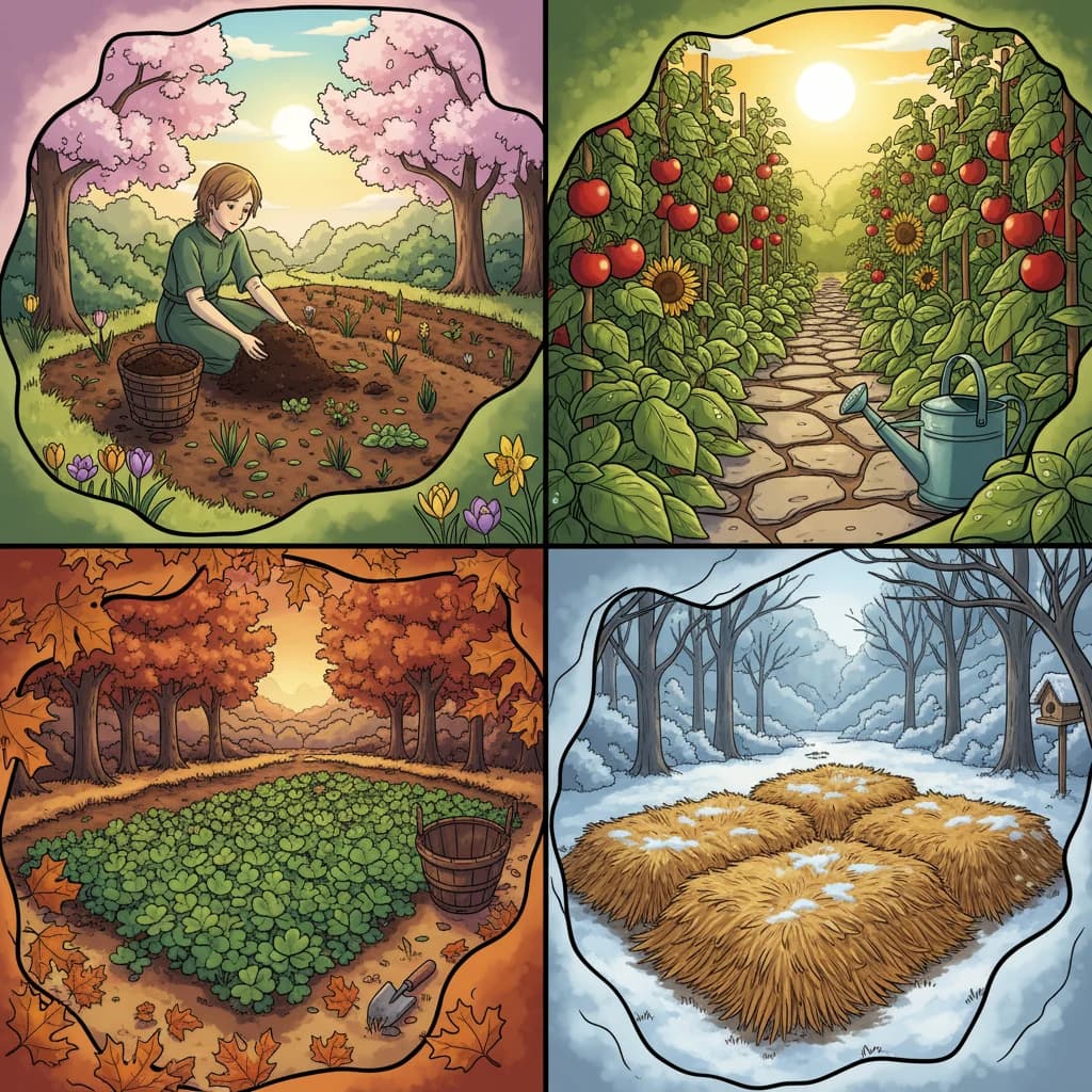 A seasonal garden calendar showing when to feed plants throughout the growing year