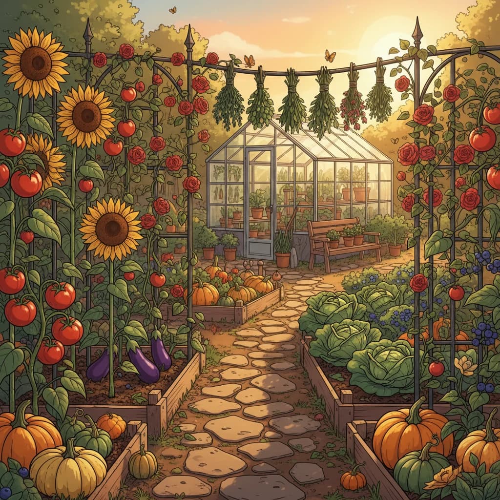 A thriving, well-fed garden with diverse healthy plants growing abundantly