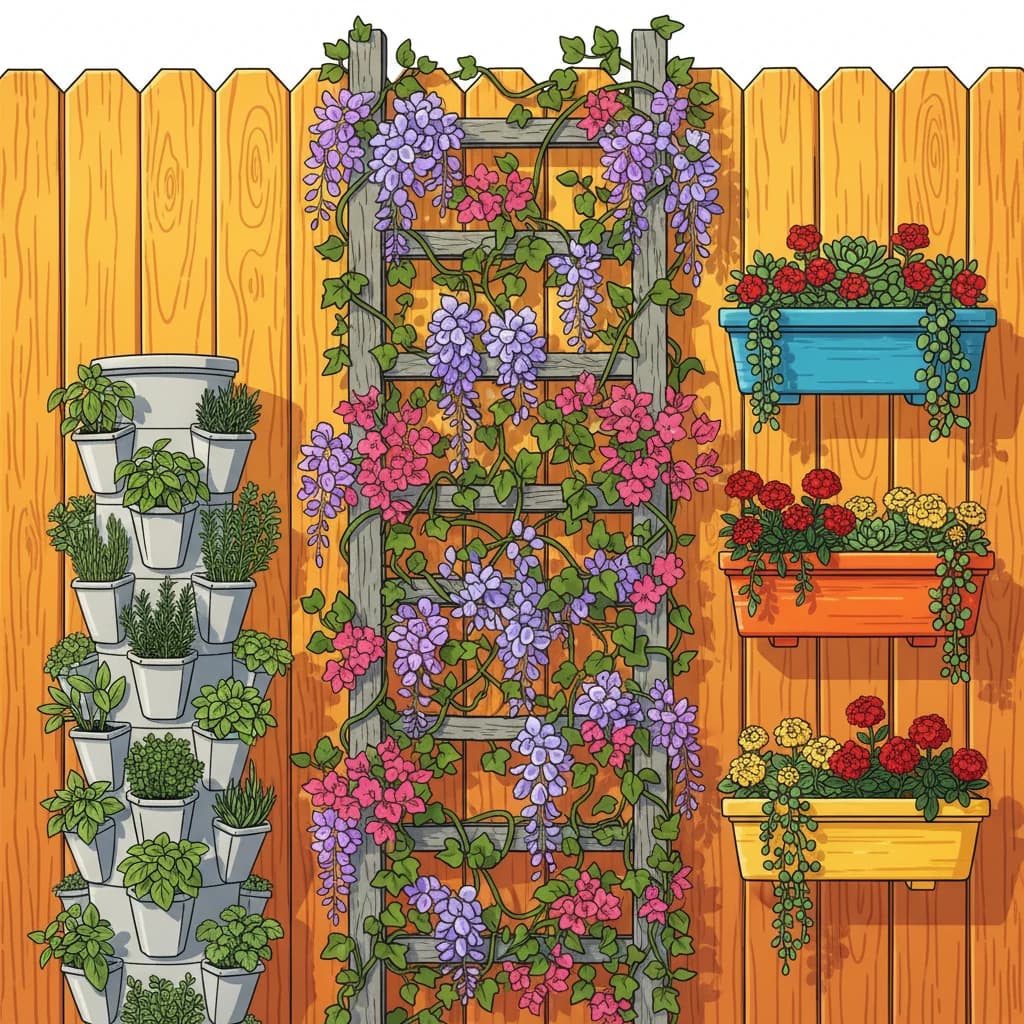 A stunning vertical garden wall with various plants growing upward on trellises and in towers