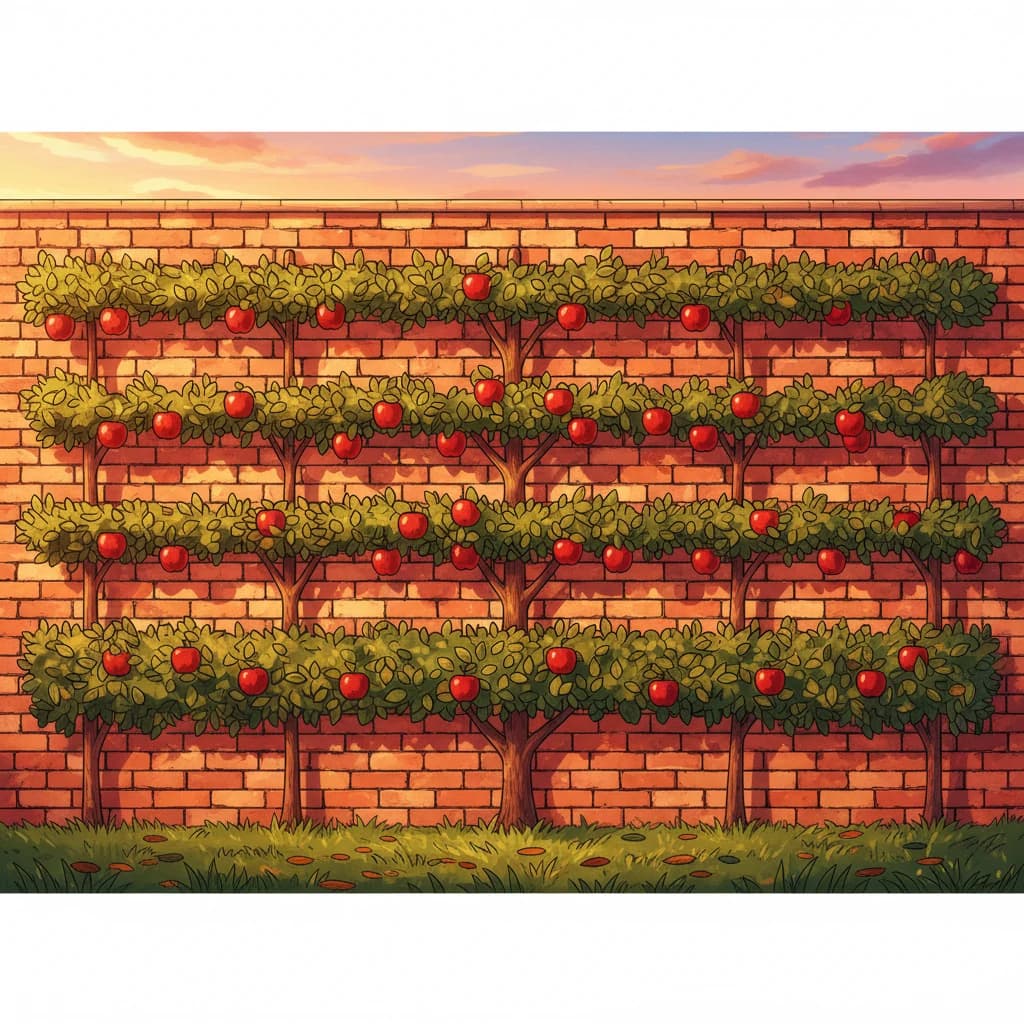 Fruit trees trained flat against a sunny brick wall in an espalier pattern