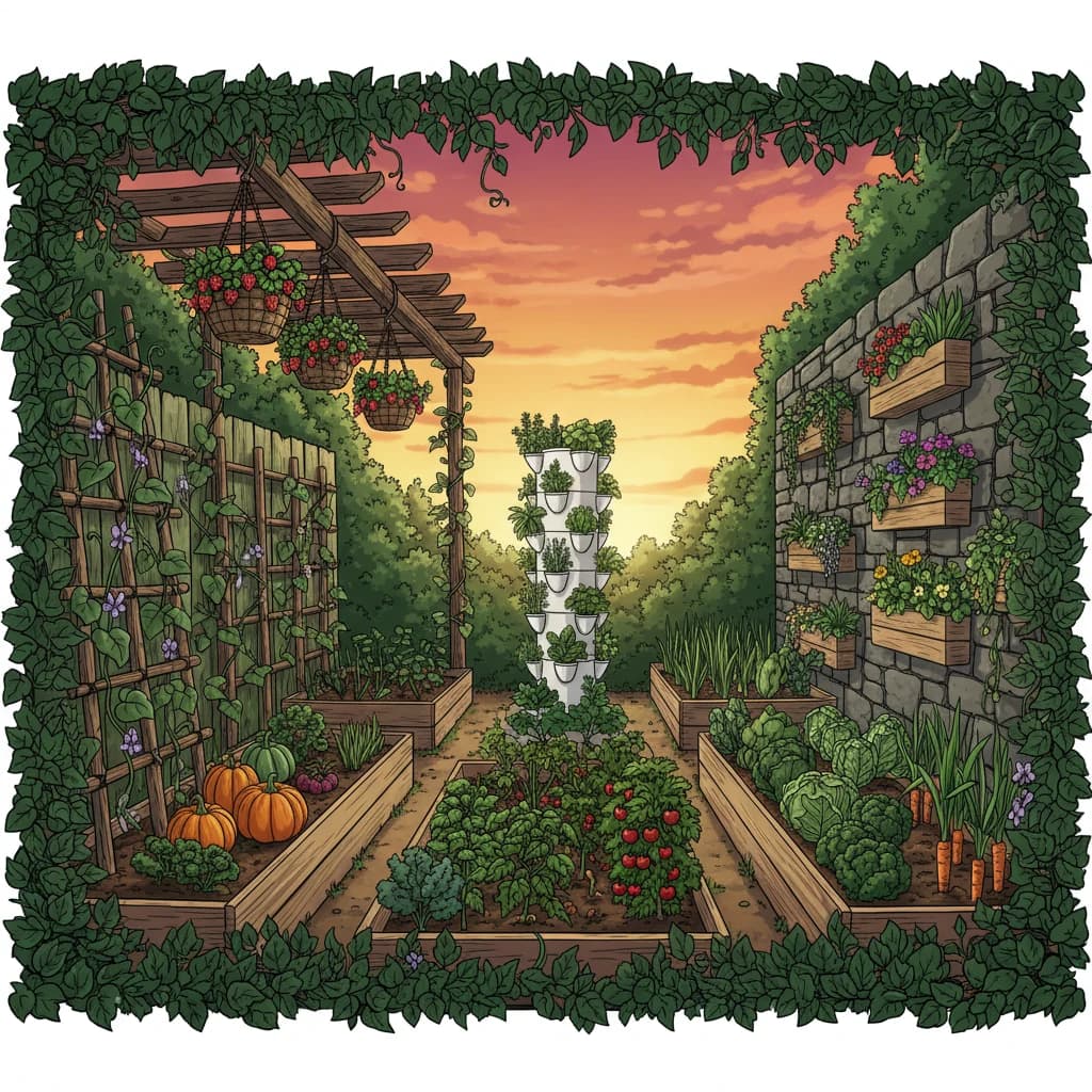 A garden design sketch showing vertical elements: trellises, towers, and hanging baskets integrated with beds