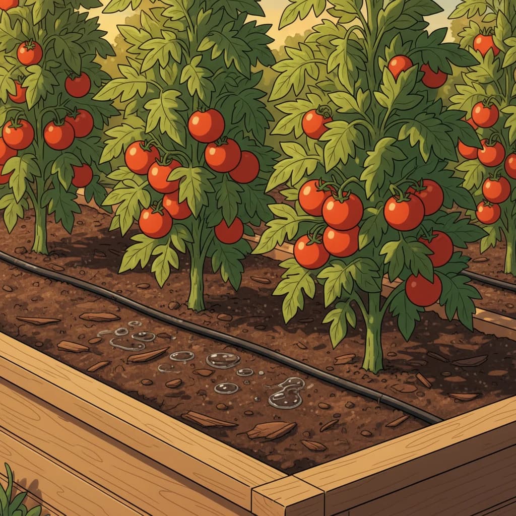 A garden with a drip irrigation system delivering water directly to plant roots