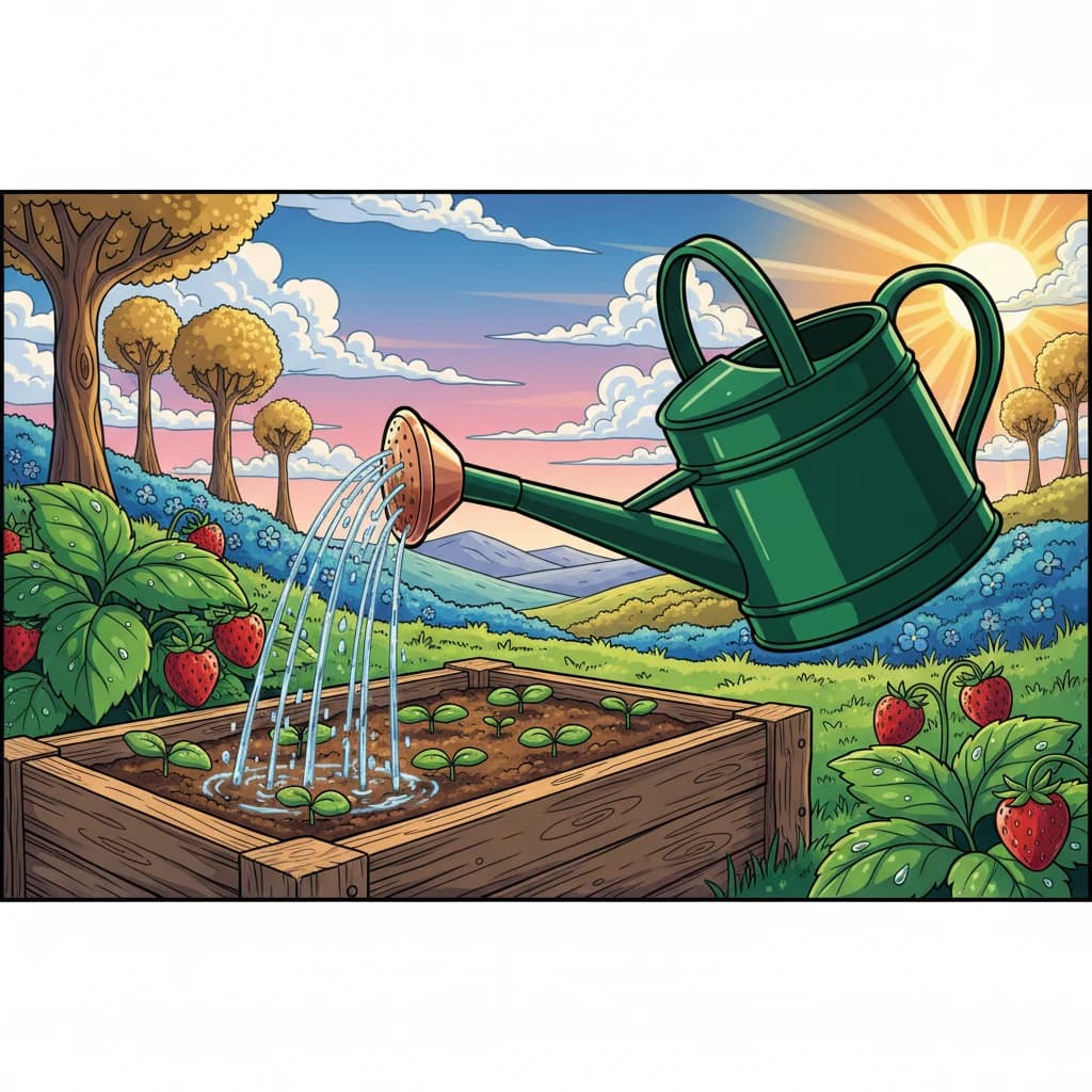 A watering can with a rose head gently watering seedlings in a garden bed