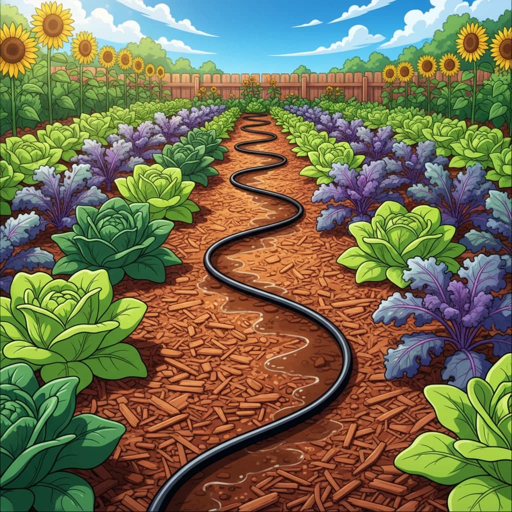 A soaker hose weaving between vegetable rows, slowly seeping water into the soil