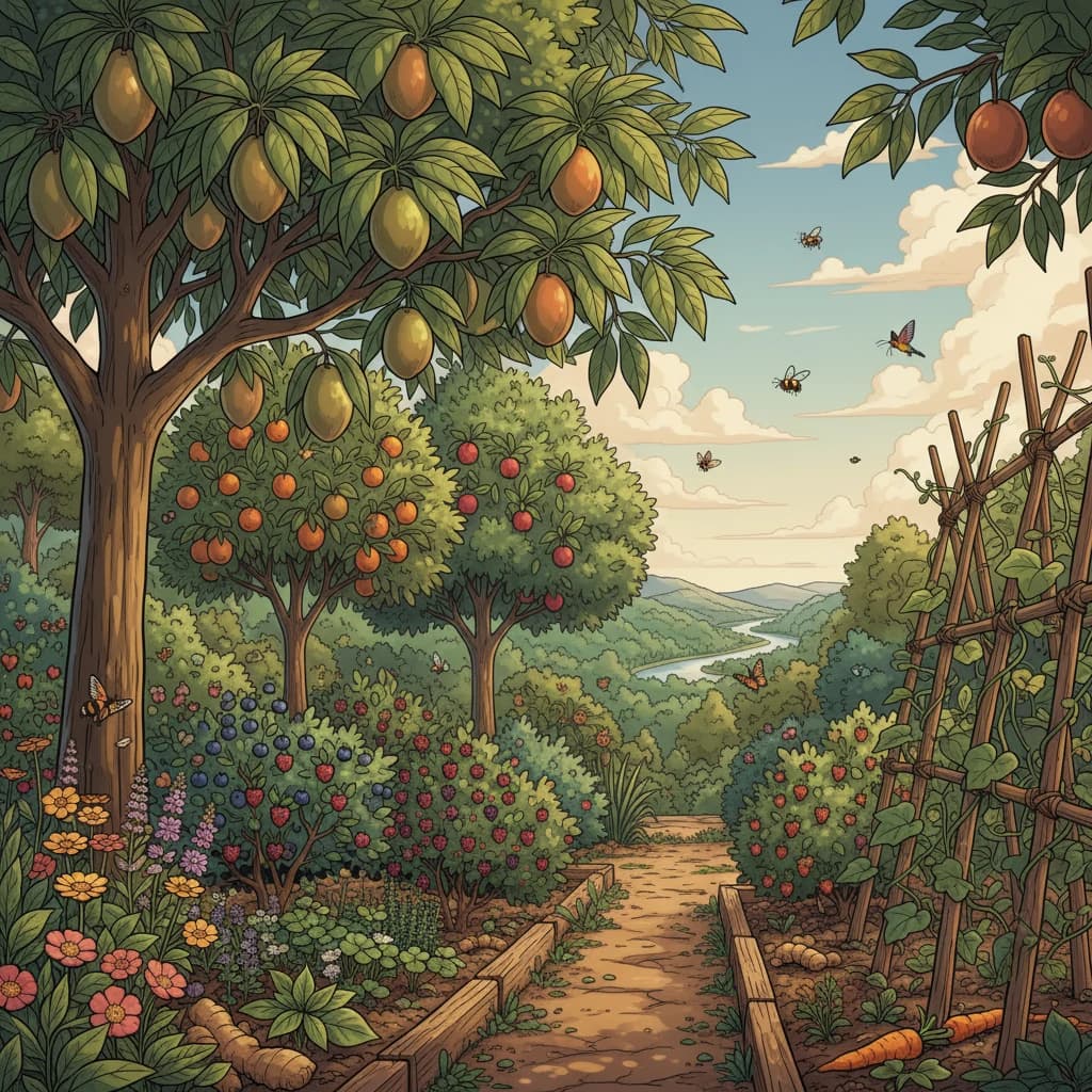 A lush permaculture garden with food trees, ground cover, and pollinators all