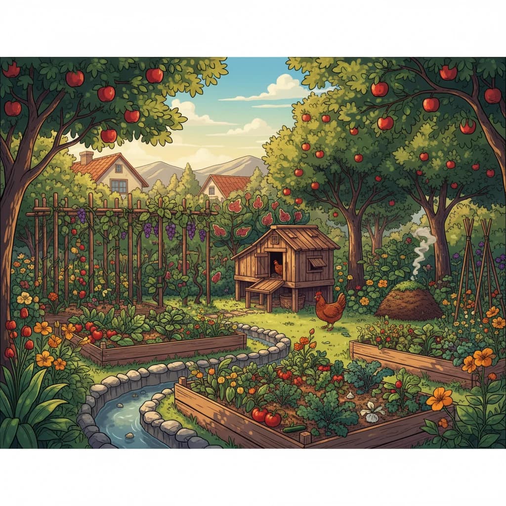 A small backyard transformed into a permaculture system: food forest, water