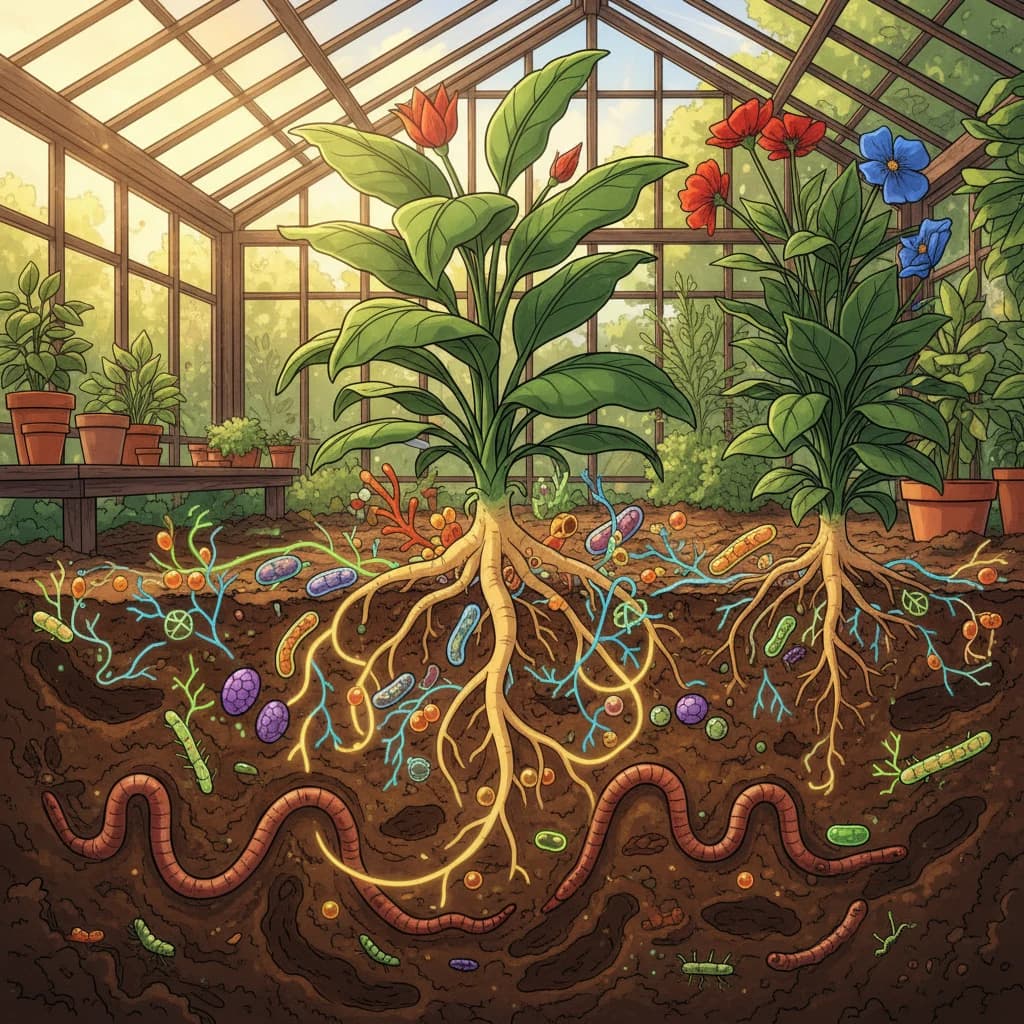 A visual diagram of the soil food web showing plants, organisms, and nutrient cycling
