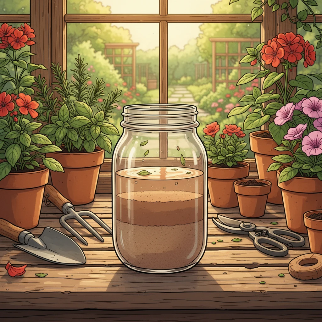 A simple soil test being performed in a garden: jar test with soil layers visible