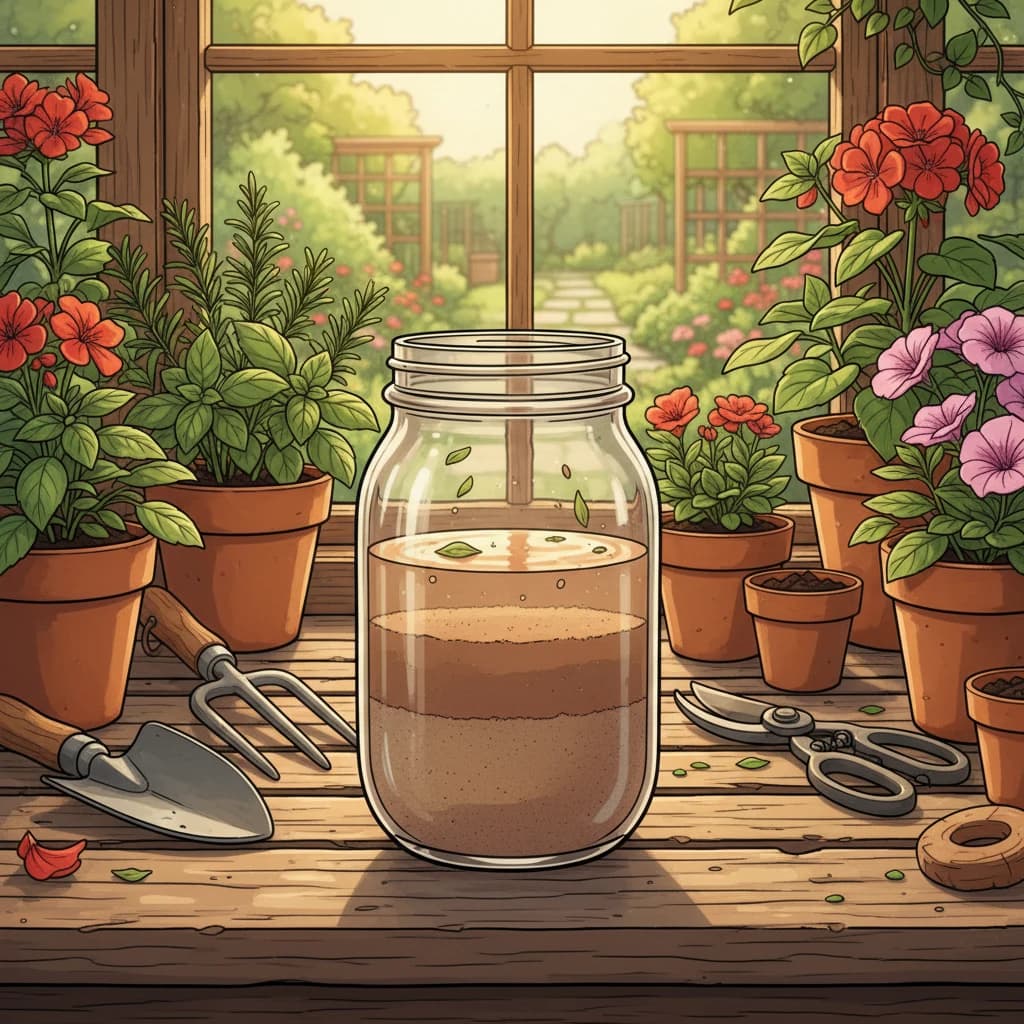 A simple soil test being performed in a garden — jar test with soil layers visible