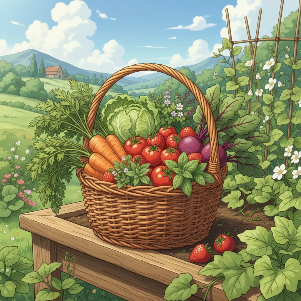 A diverse harvest basket with leafy greens, root crops, fruit, and herbs