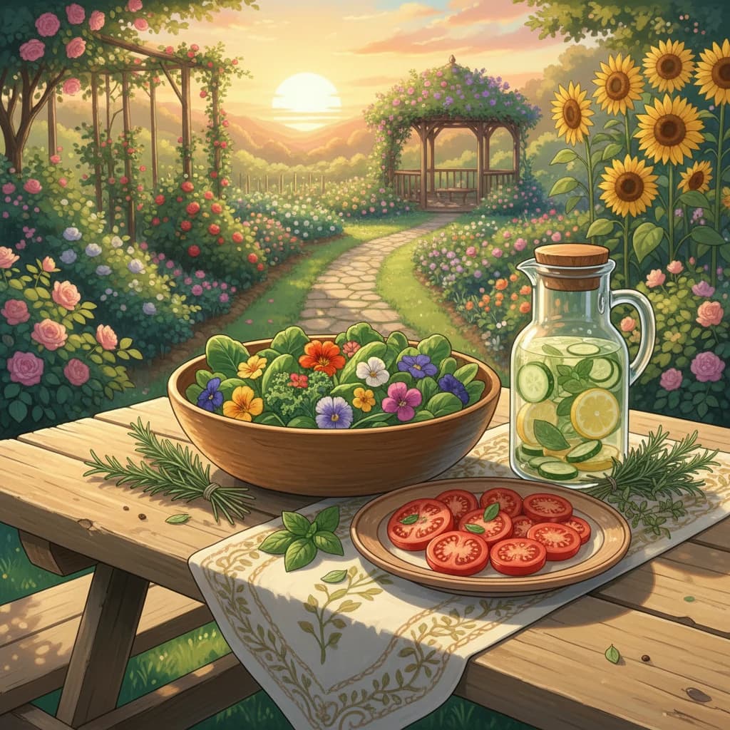A beautiful outdoor table set with a meal made entirely from garden-fresh ingredients